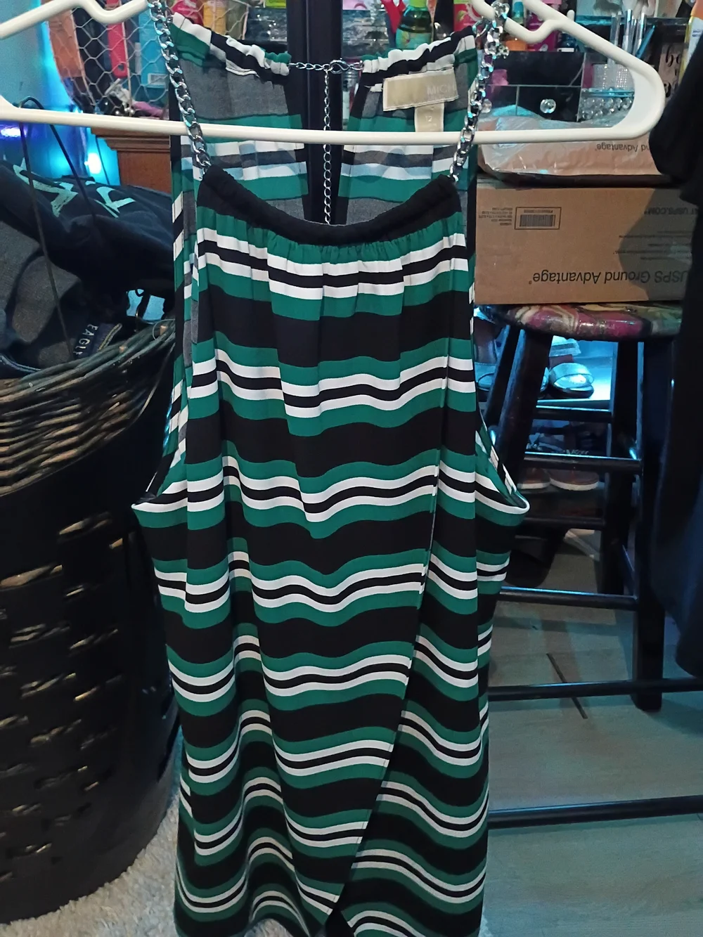 Michael Kors Black Green White Striped Chain-Shoulder Tank